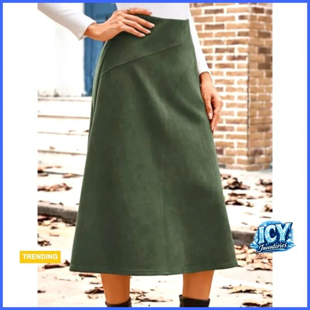 Faux Suede Midi Skirt High Waist A-Line Fall Winter Regular Fit